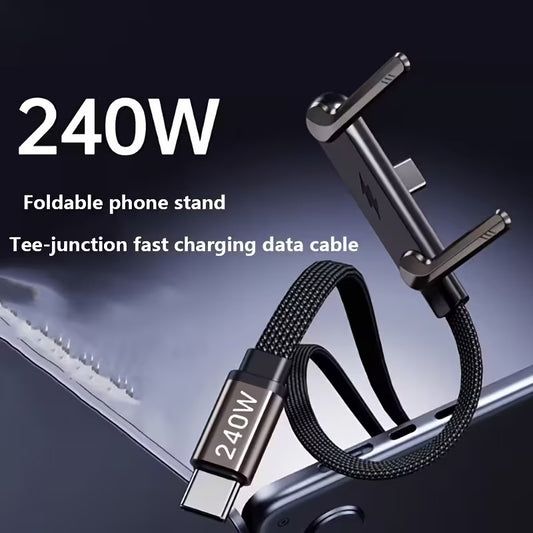 240W Foldable Phone Stand Data Cable | Dual Type-C Super Fast Charging Elbow, Braided Cable, Suitable for Various Phones, USB Data Transmission